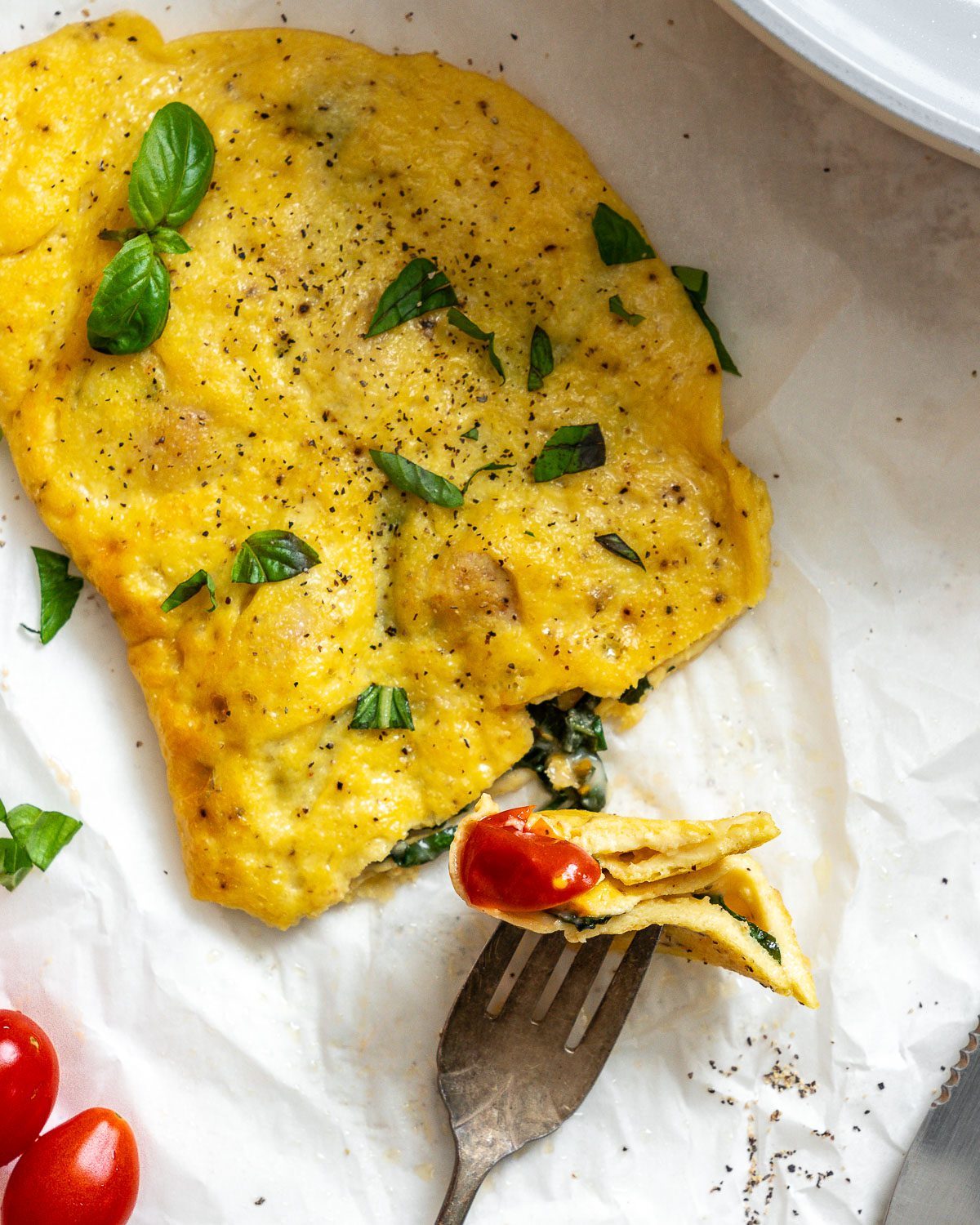 completed Vegan Just Egg Omelette on a white surface