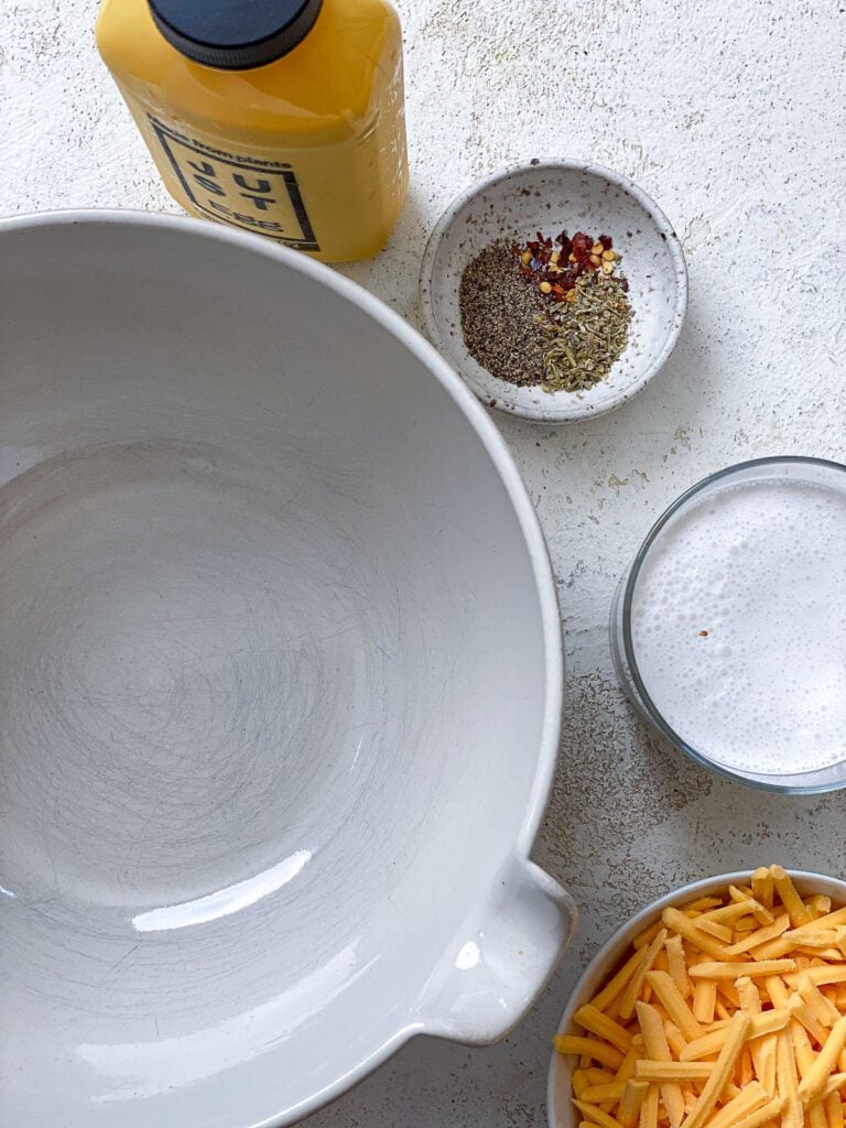 ingredients for Just Egg Quiche measured out against a white surface