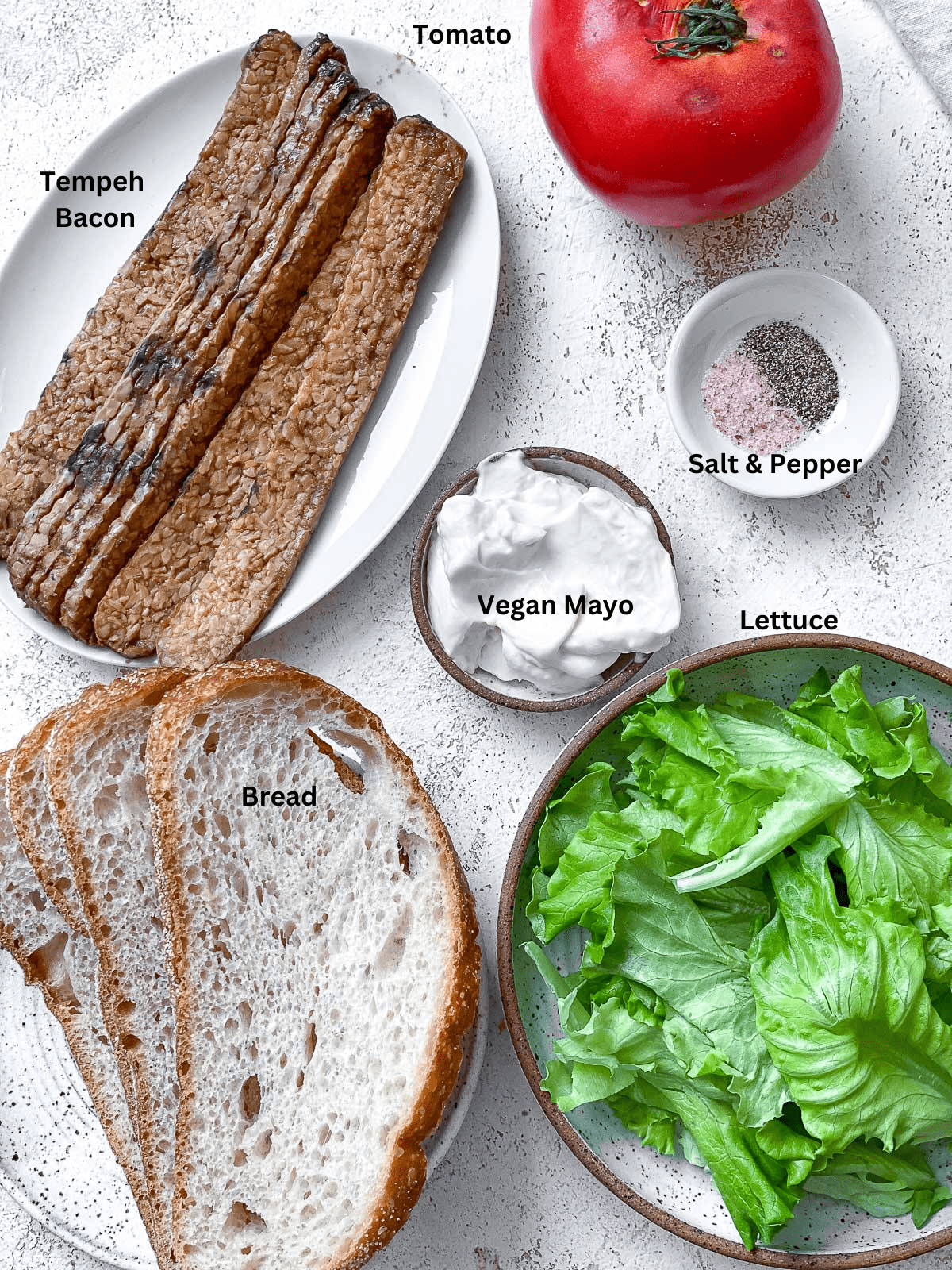 ingredients for The Ultimate Vegan BLT measured on a white surface