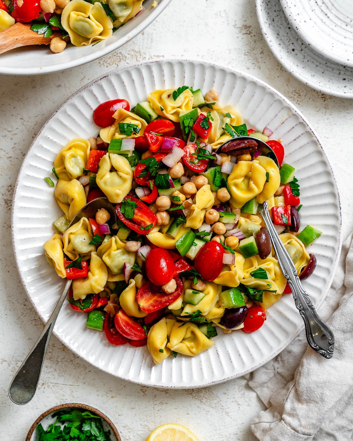 completed Tortellini Pasta Salad on a platea