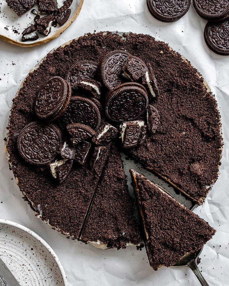 completed Vegan Oreo Cheesecake [6 Ingredient] against white surface