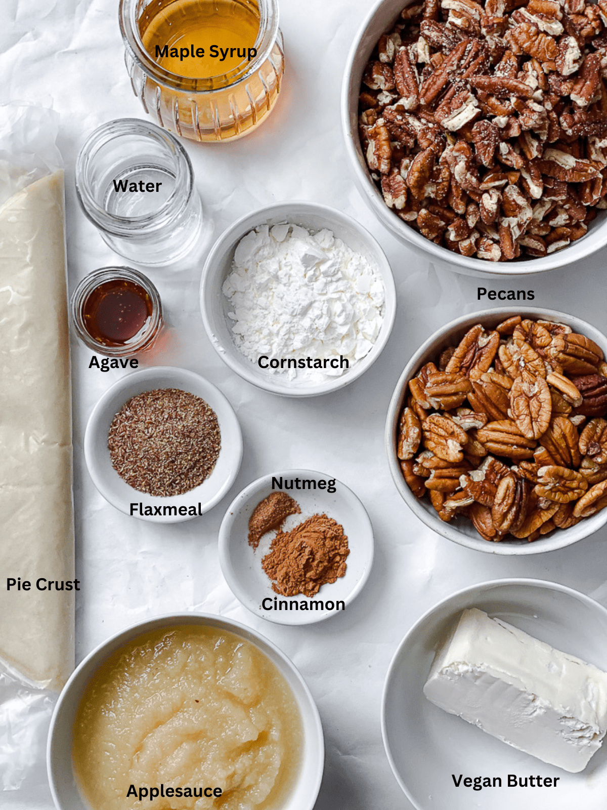 ingredients for Vegan Pecan Pie (No Corn Syrup!) measured out on a white surface