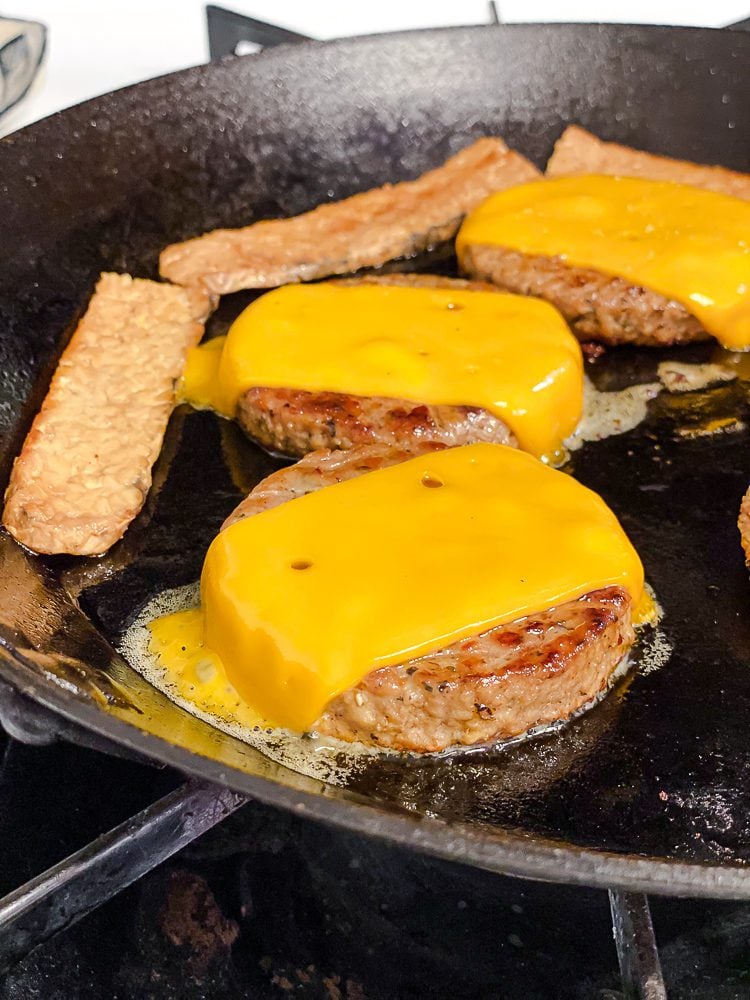 process shot of cooking ingredients on a skillet