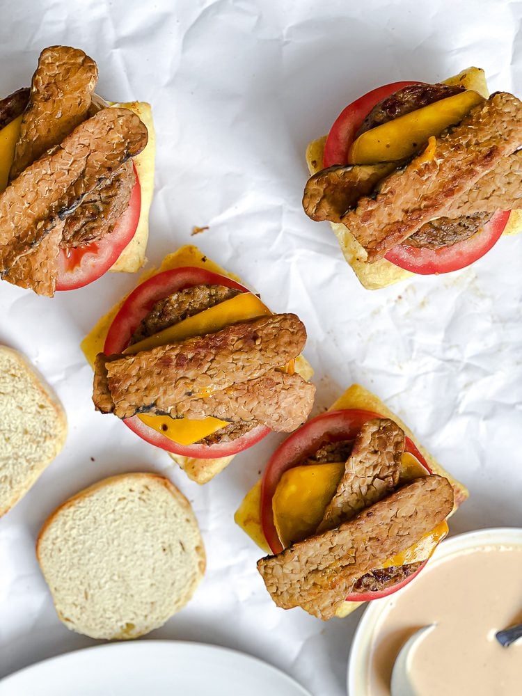 completed Easy Vegan Breakfast Sandwiches on a white surface