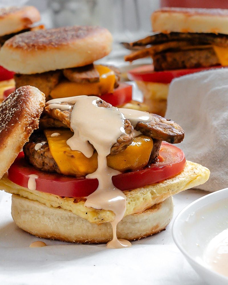 completed Easy Vegan Breakfast Sandwiches on a white surface