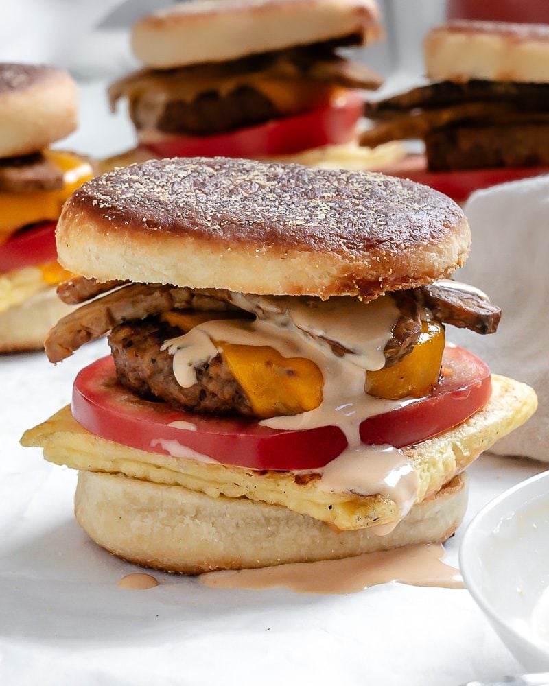 completed Easy Vegan Breakfast Sandwiches on a white surface