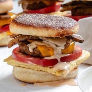 completed Easy Vegan Breakfast Sandwiches on a white surface