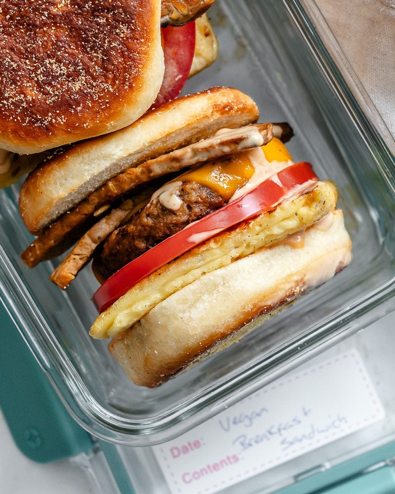 completed Easy Vegan Breakfast Sandwich in a container