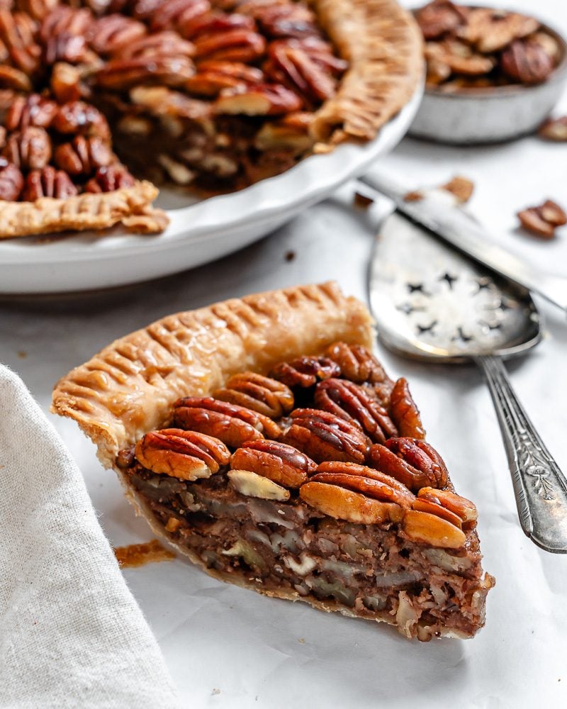 completed Vegan Pecan Pie (No Corn Syrup!) on white surface