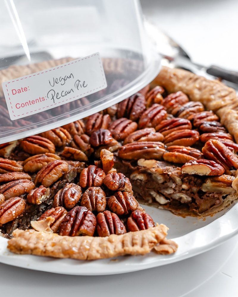 completed Vegan Pecan Pie in a storage container