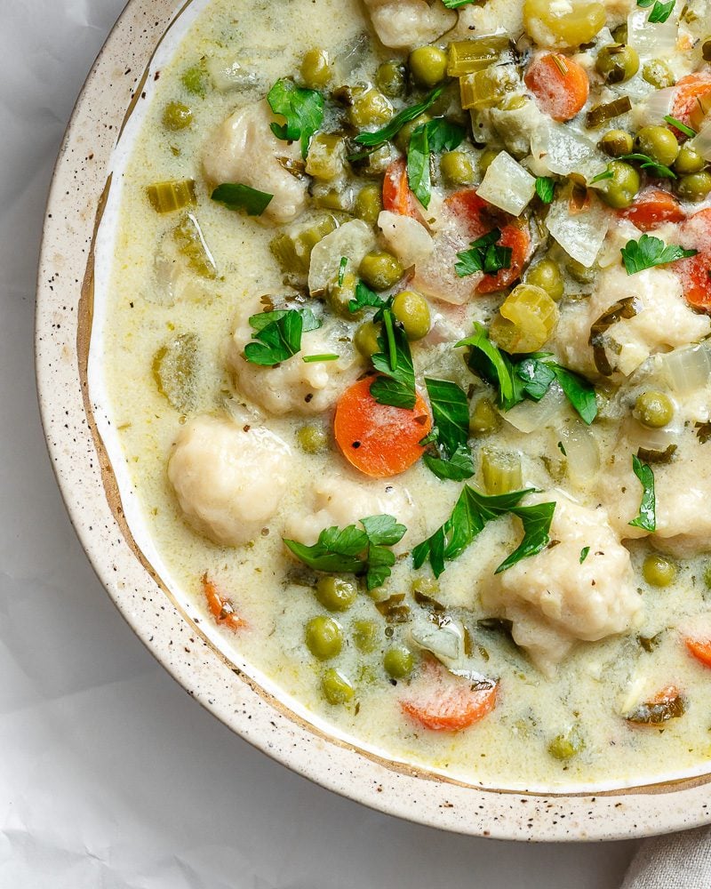 completed Vegan Chicken and Dumplings in bowl