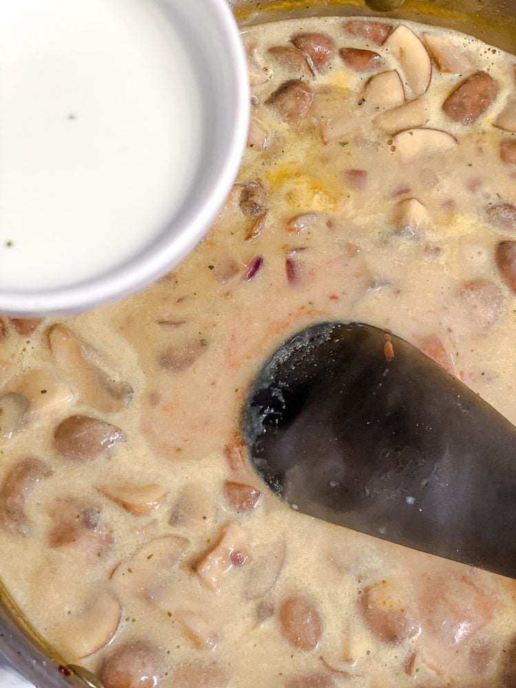 process shot of adding plant based milk to pot