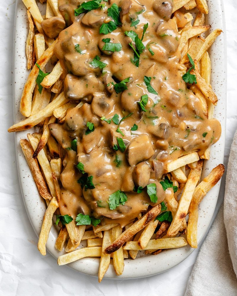 completed Vegan Poutine on a white platter