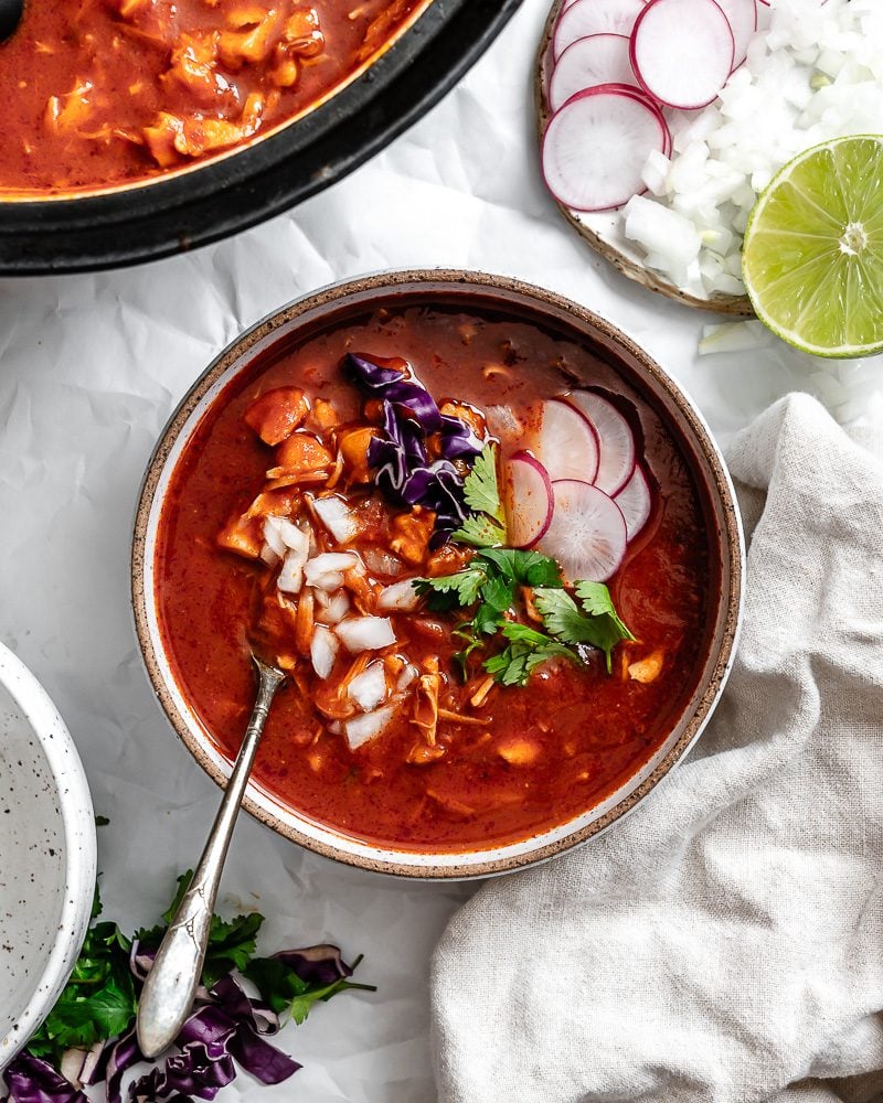 completed Vegan Posole Rojo [Mexican Hominy Soup] in bowl