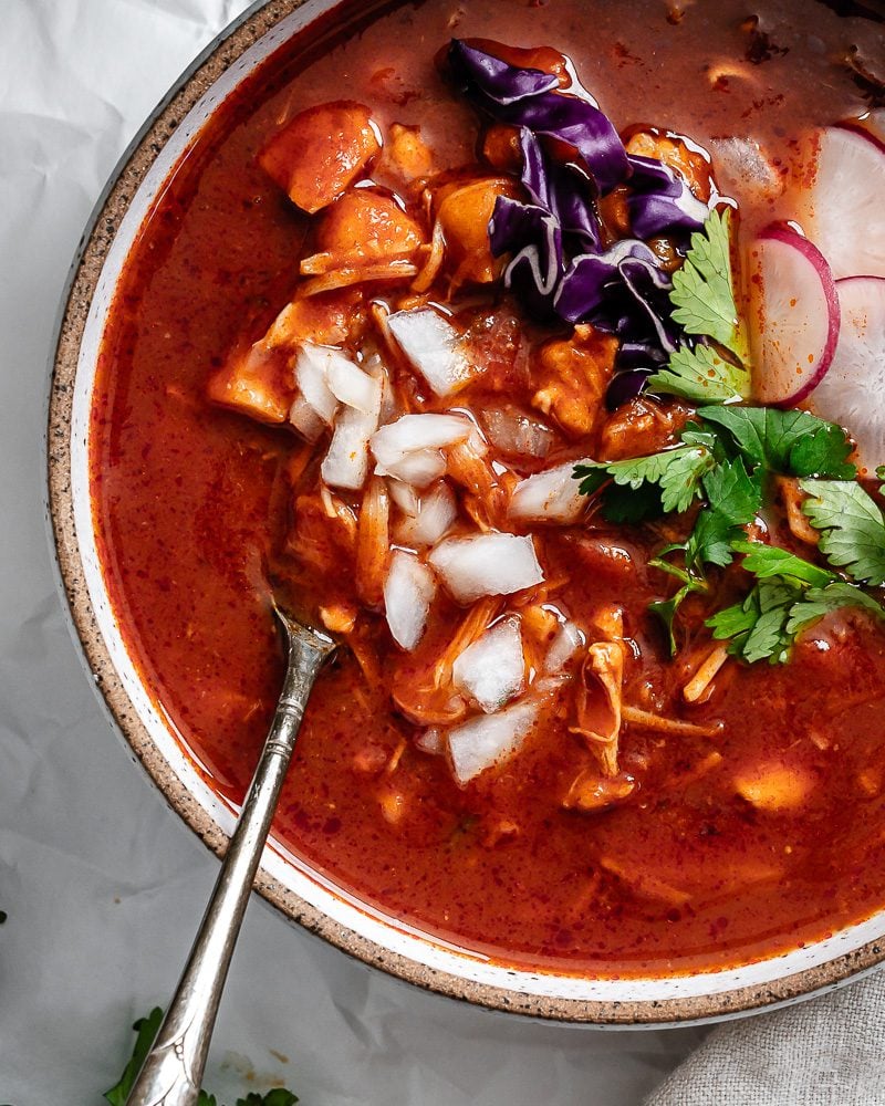 completed Vegan Posole Rojo [Mexican Hominy Soup] in bowl
