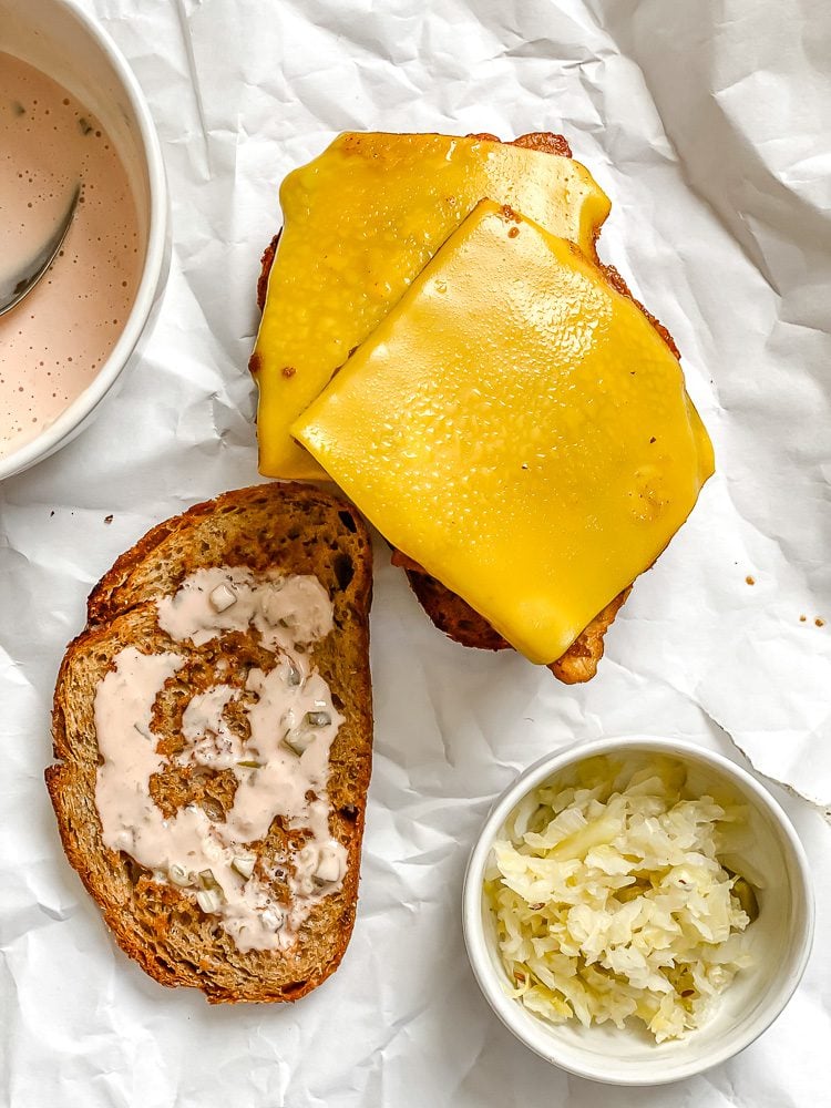 process shot of assembling sandwich