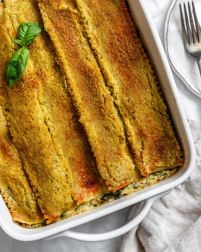completed Vegan White Lasagna in baking dish