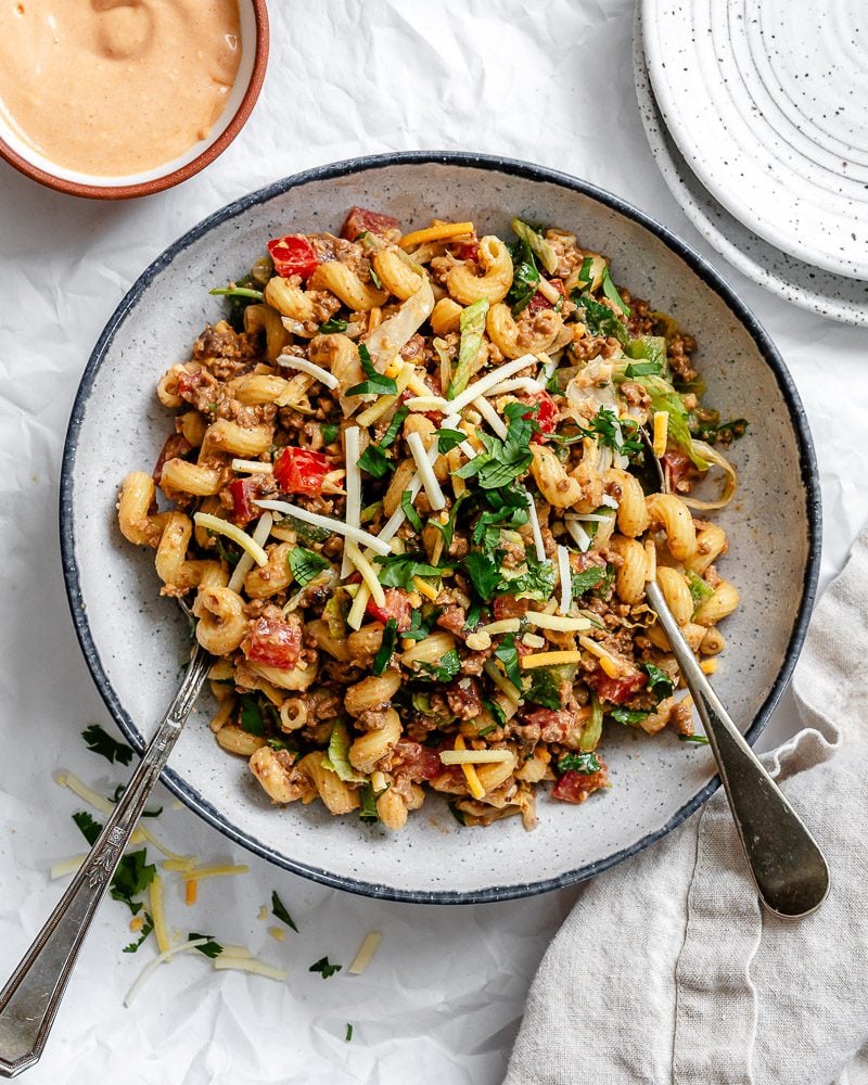 completed Taco Pasta Salad [Without Meat] on a plate
