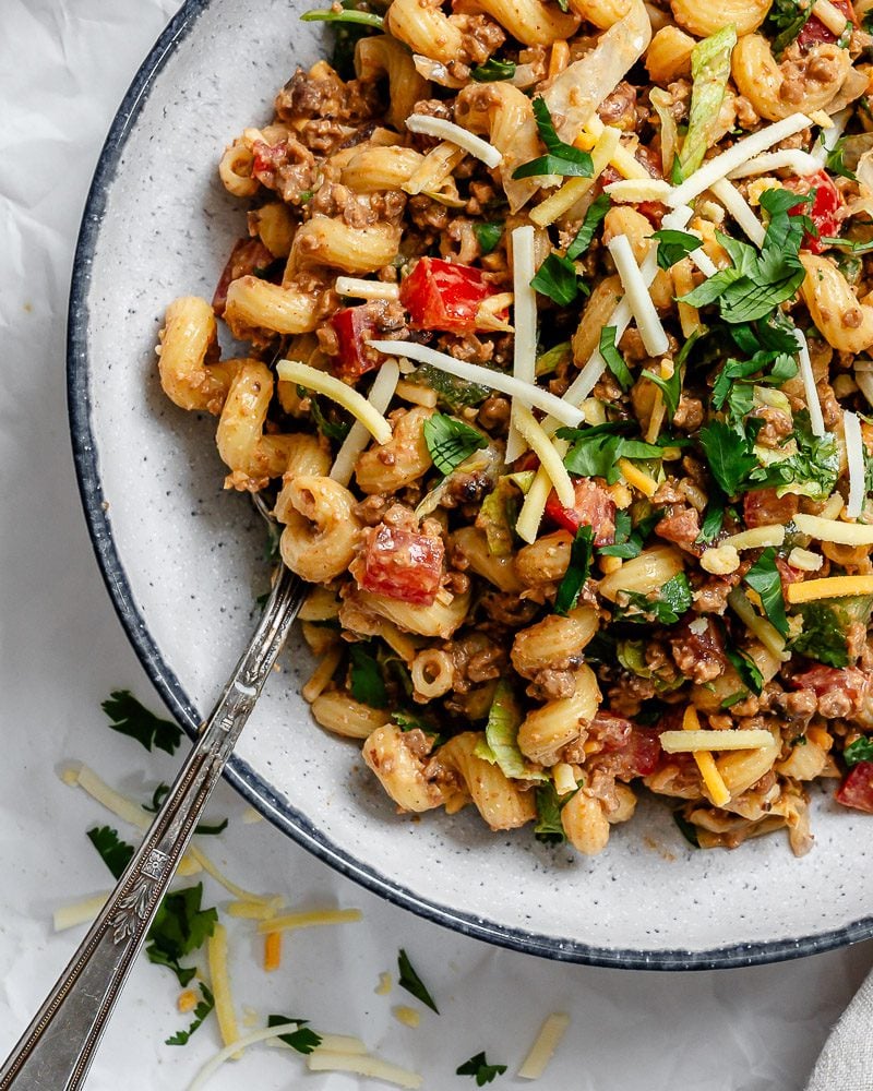 completed Taco Pasta Salad [Without Meat] on a plate