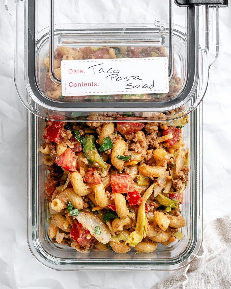 completed Taco Pasta Salad [Without Meat] in a storage container