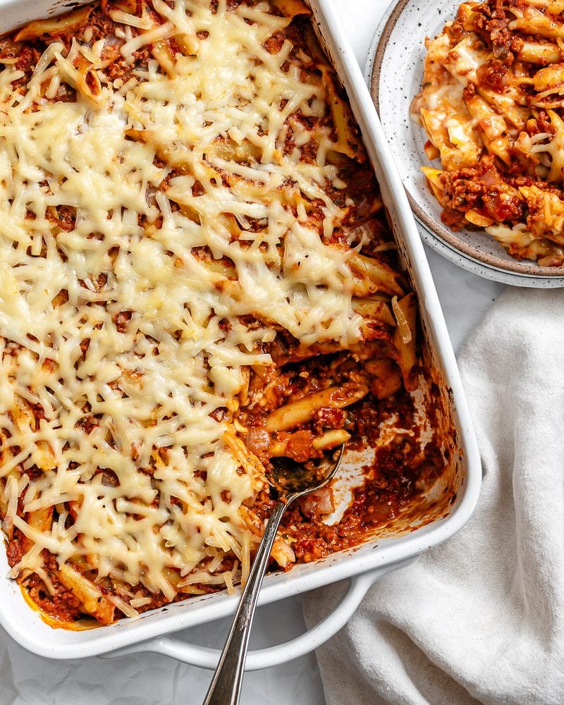 completed Vegan Baked Ziti in baking dish