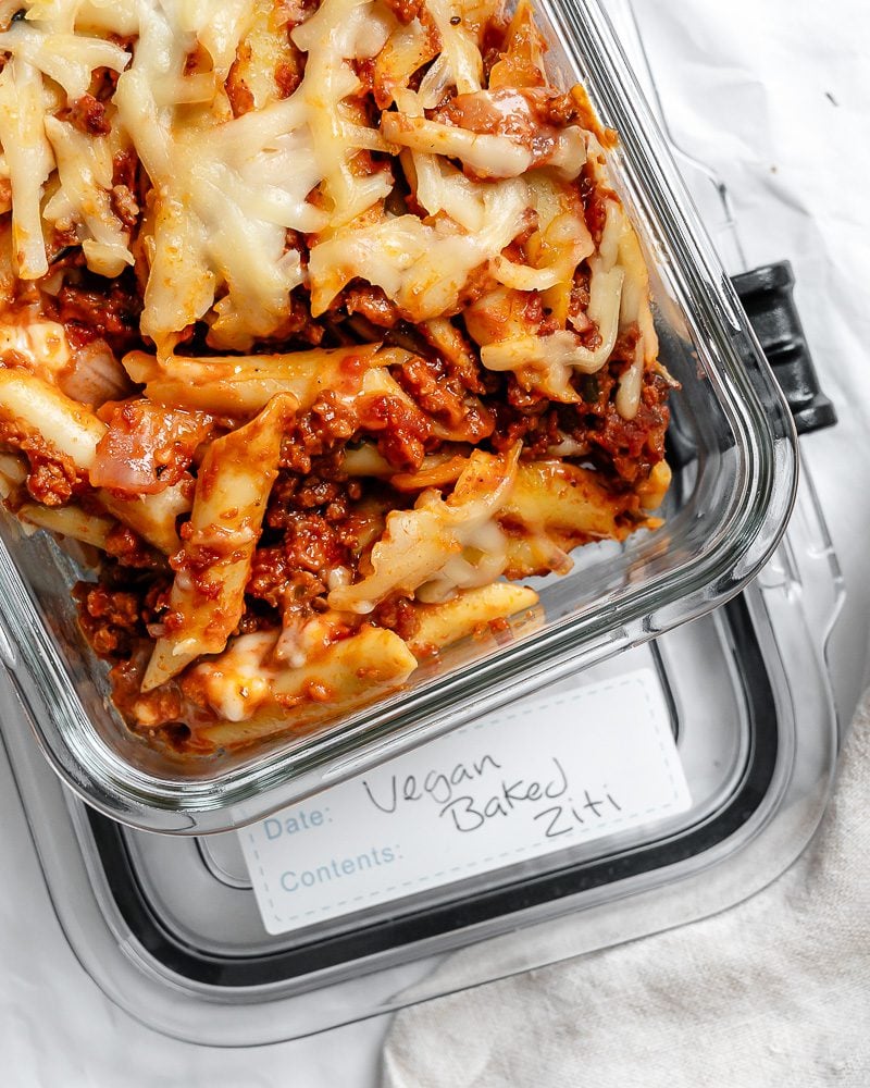 completed Vegan Baked Ziti in storage container