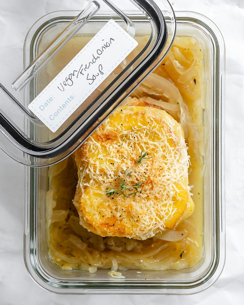 completed Vegan French Onion Soup in storage container