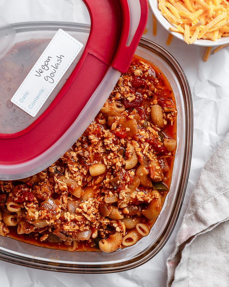 completed Vegan Goulash (American) in a storage container
