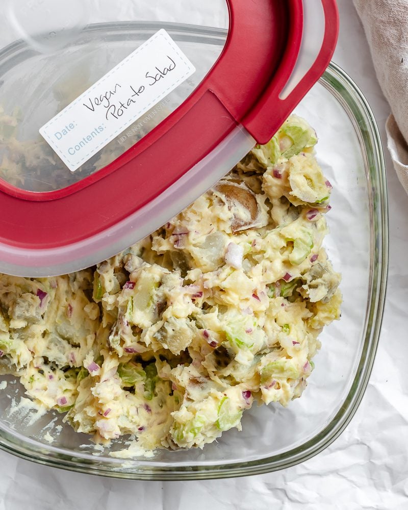 completed Easy Vegan Potato Salad in a storage container