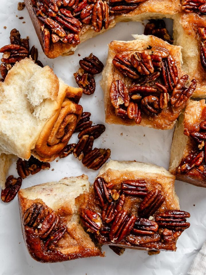 completed Pecan Cinnamon Sticky Buns on white surface
