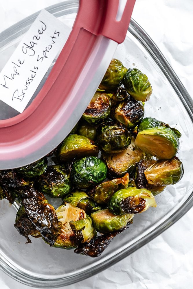 completed Maple Glazed Brussel Sprouts in a storage container