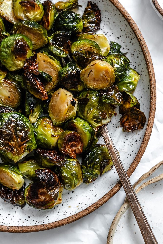 completed Maple Glazed Brussel Sprouts on a plate