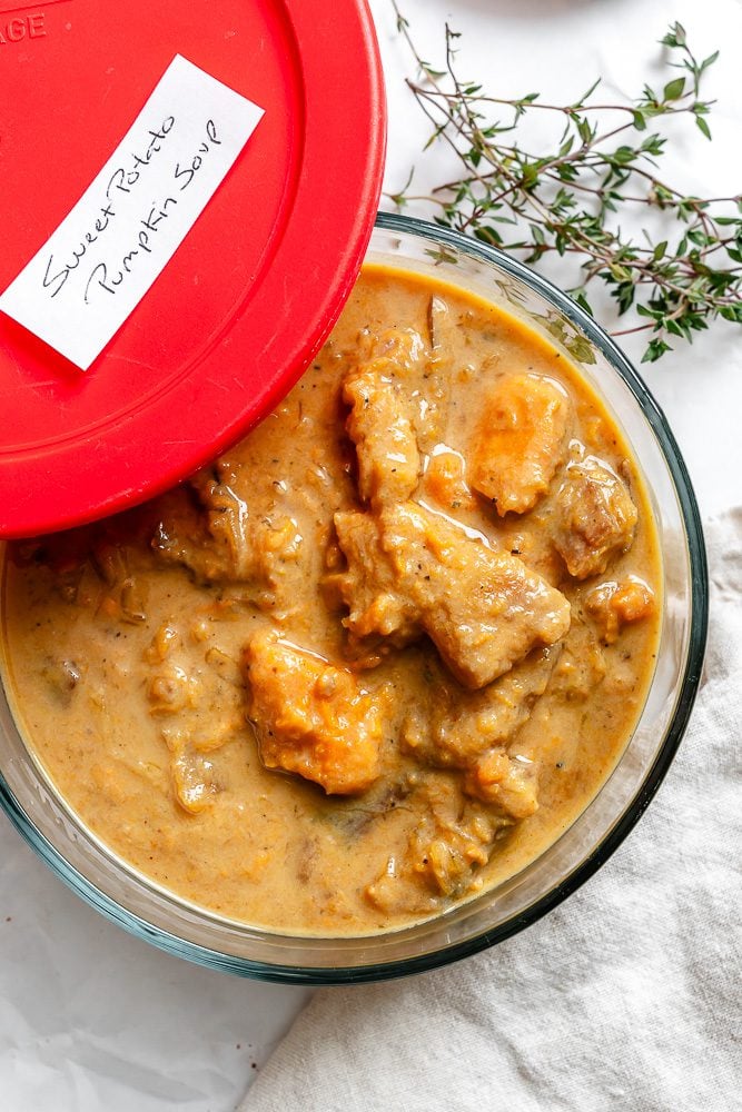 completed Sweet Potato Pumpkin Soup in a storage container
