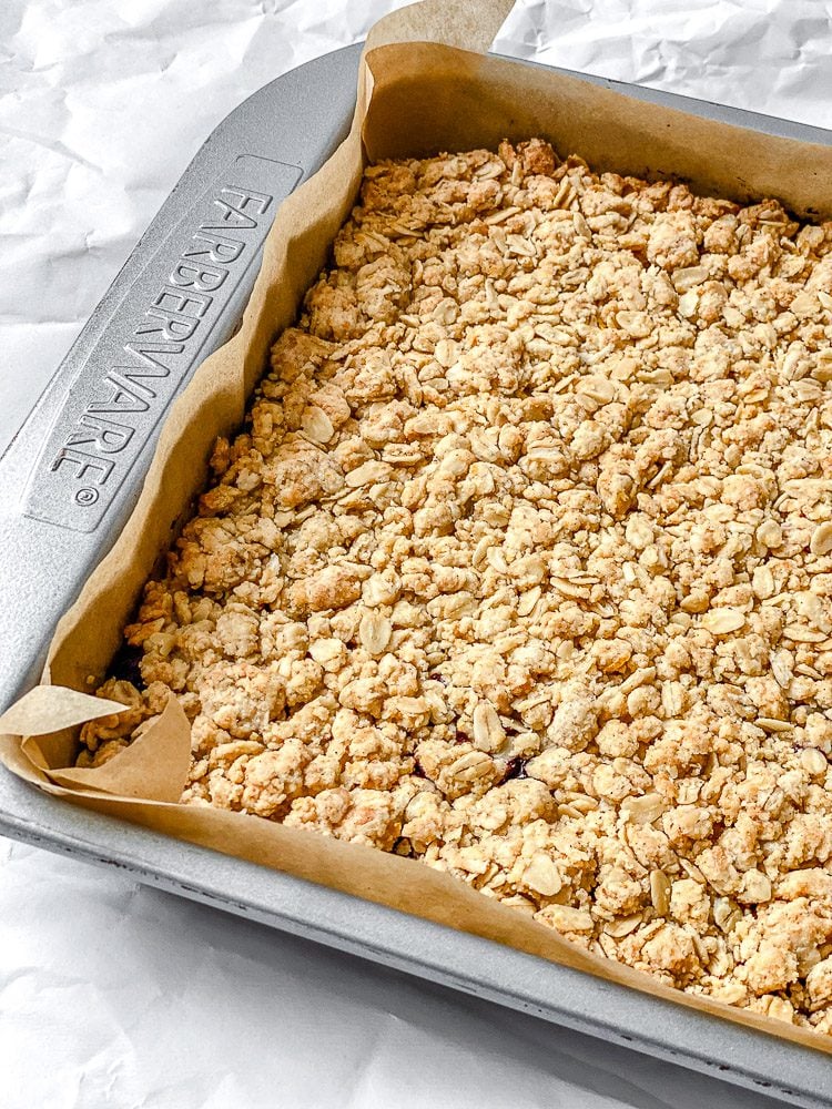 completed Easy Blueberry Pie Bars in baking dish