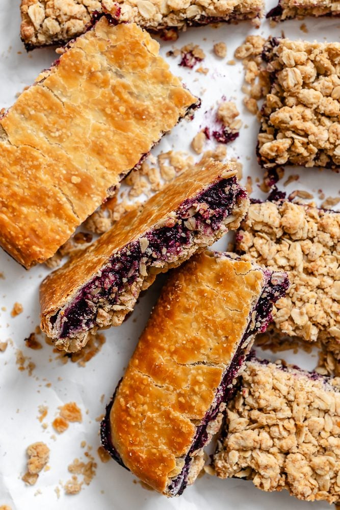 completed Easy Blueberry Pie Bars on a white surface