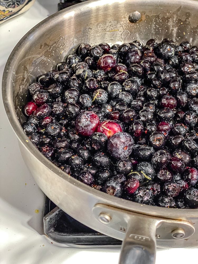 process shot showing blueberries in pot