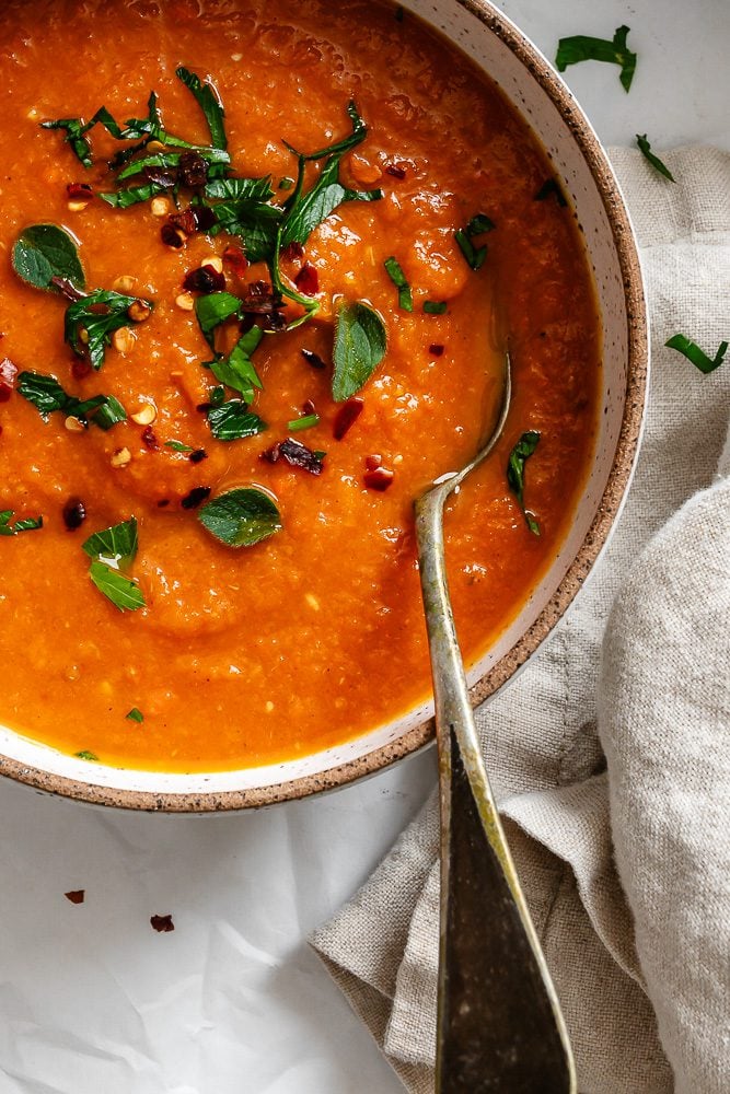 completed Butternut Squash and Carrot Soup in a bowl