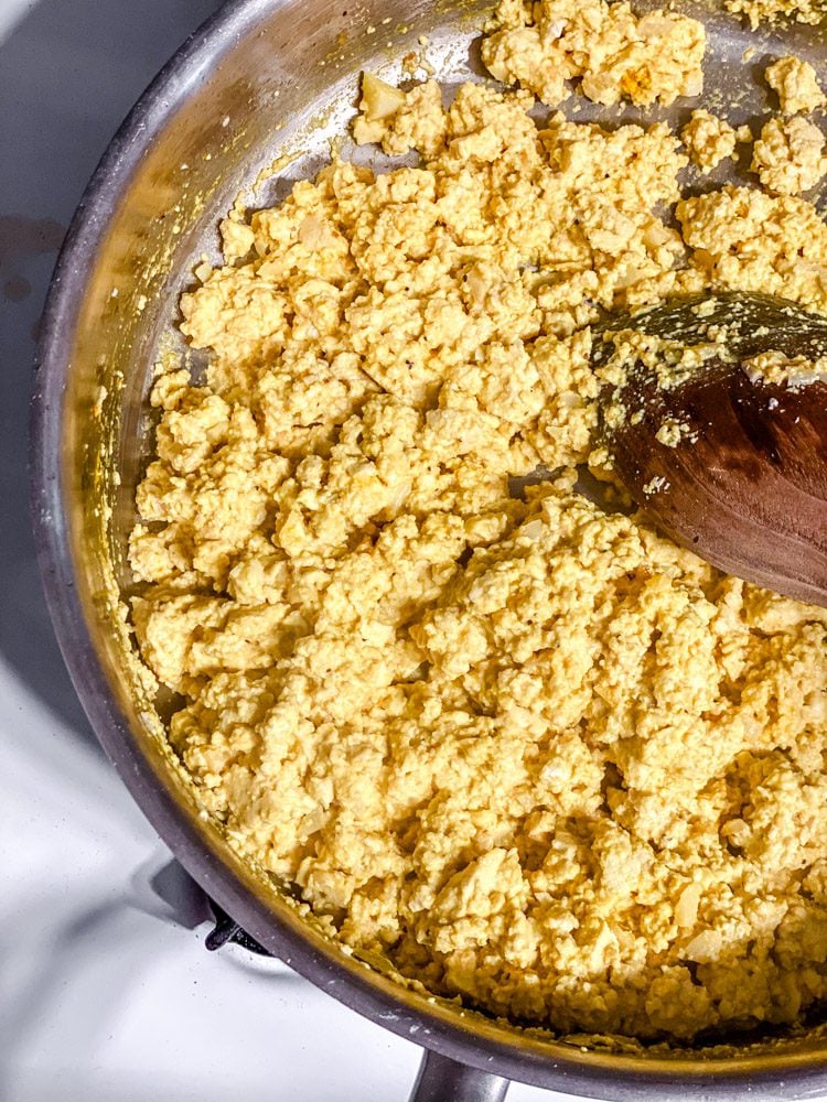 process shot of cooking The BEST Tofu Scramble in a pan