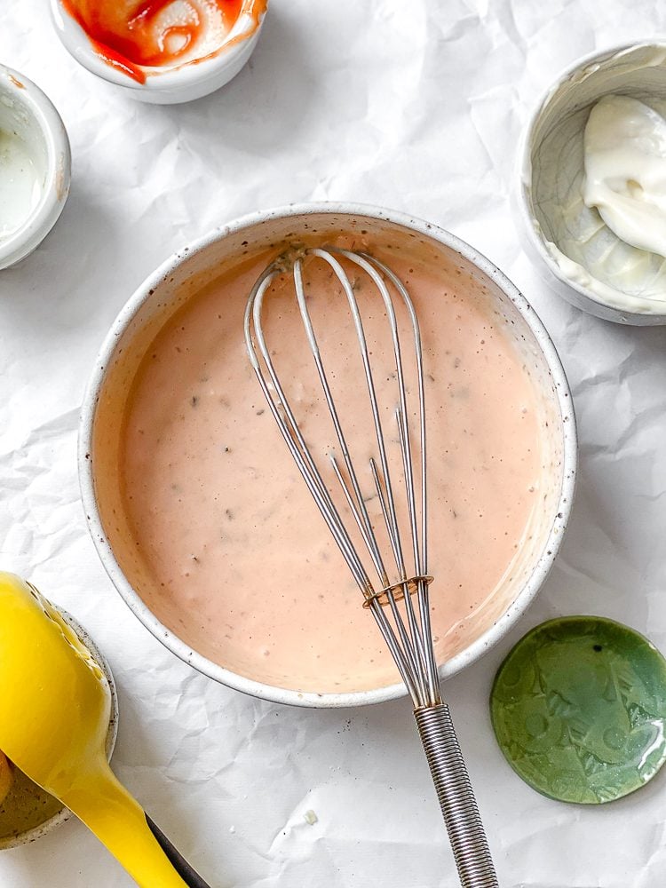 process shot showing whisking ingredients in a bowl
