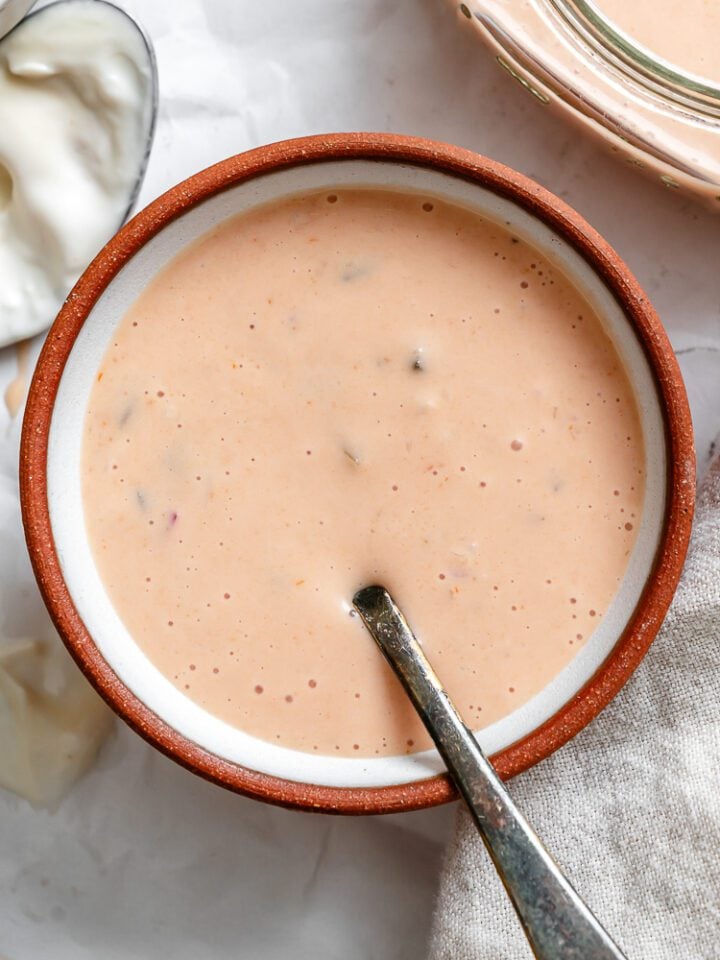 completed Vegan Thousand Island Dressing in a bowl