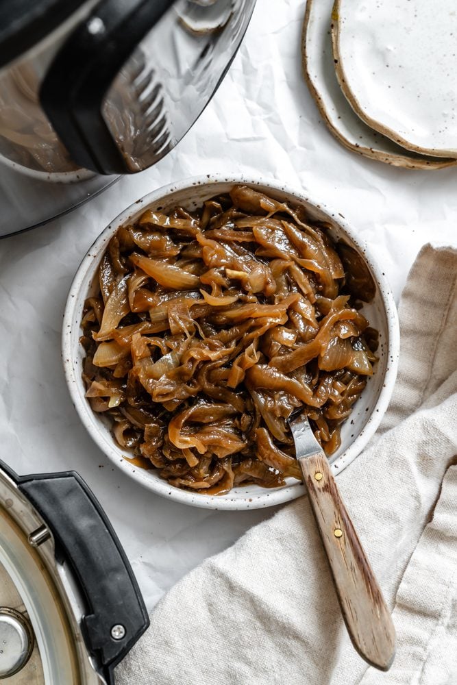 completed The BEST Slow Cooker Caramelized Onions in a pan