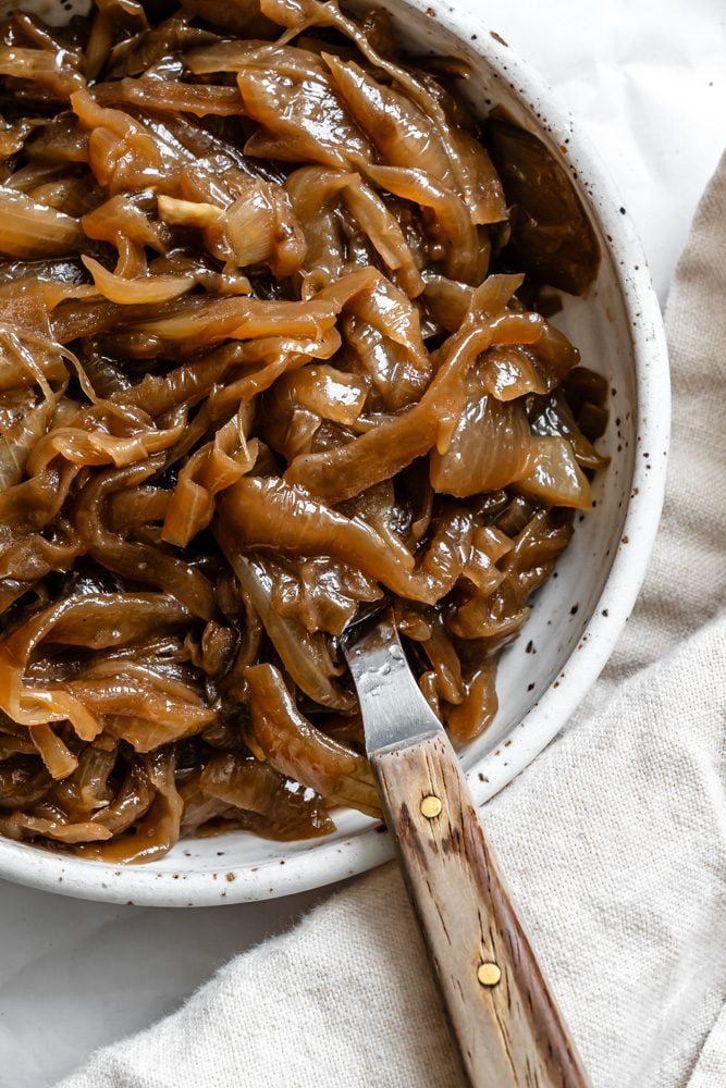 completed The BEST Slow Cooker Caramelized Onions in a pan