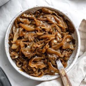 completed The BEST Slow Cooker Caramelized Onions in a pan