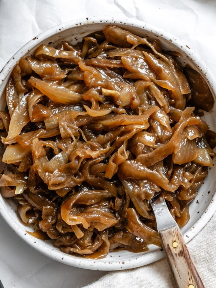 completed The BEST Slow Cooker Caramelized Onions in a pan