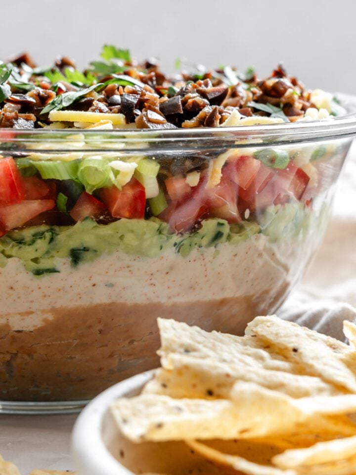 completed Vegan 7 Layer Dip (Quick and Easy) in a bowl