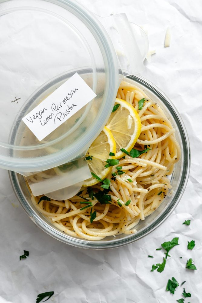 completed Garlic and Lemon Pasta in a storage container