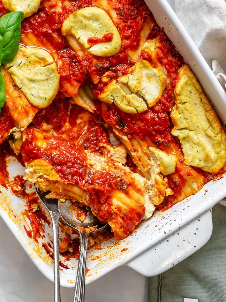 Completed Vegan Manicotti (With Tofu Ricotta) in baking dish.
