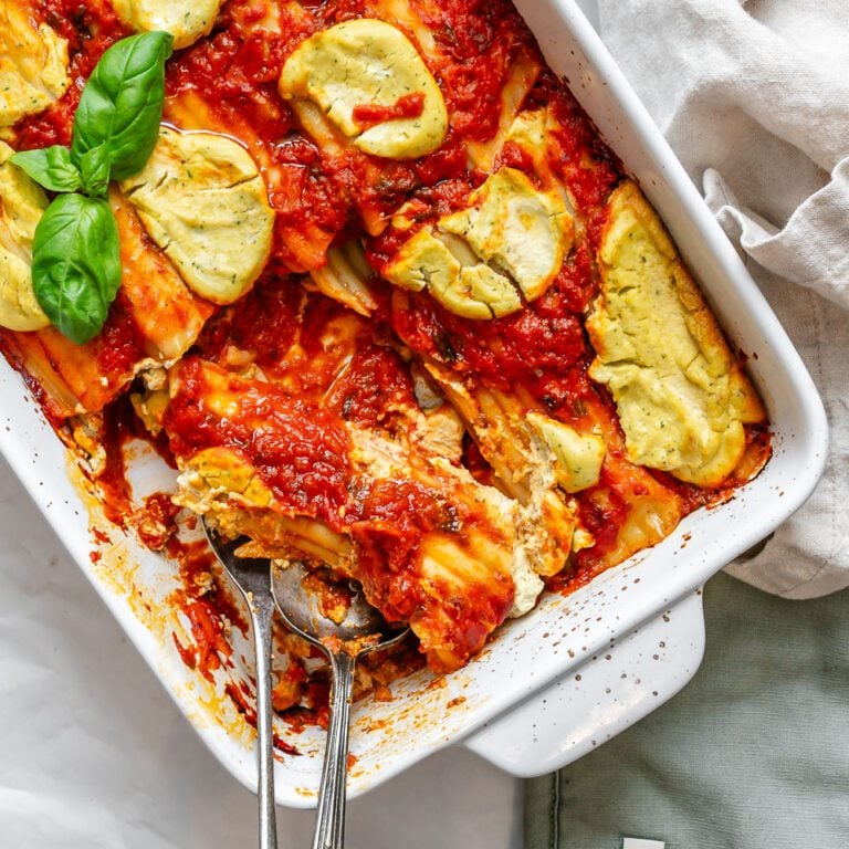 Completed Vegan Manicotti (With Tofu Ricotta) in baking dish.