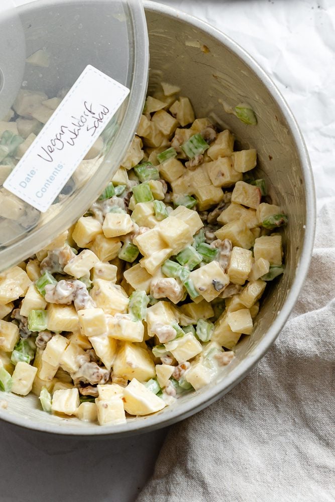 Completed Vegan Waldorf Salad in a storage container.