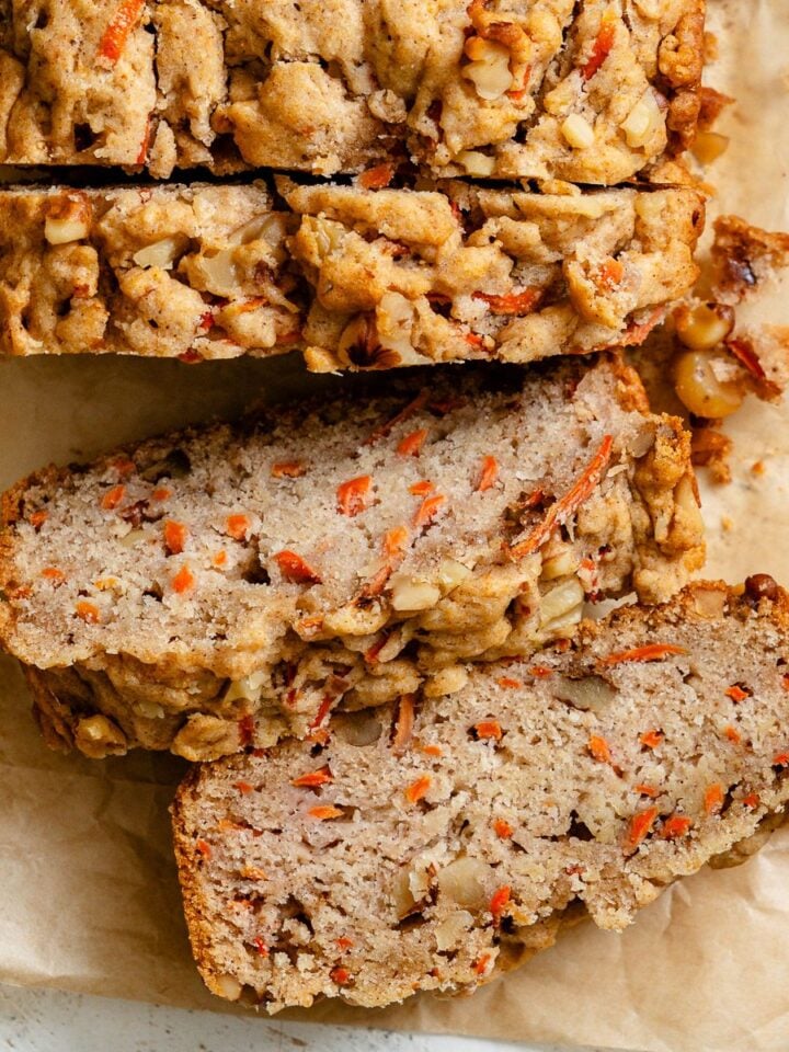 Completed sliced Vegan Carrot Cake Loaf in loaf pan.